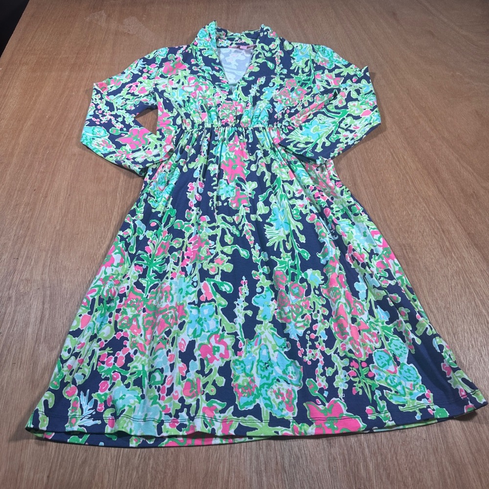 Lilly Pulitzer Dress Women S Navy Pink Floral Waist V-Neck Jersey